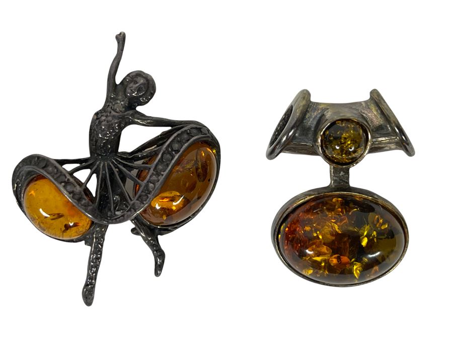 Sterling Silver Amber Brooch Pin (Left) And Modernist Pendant (Right) 14g [Photo 1]