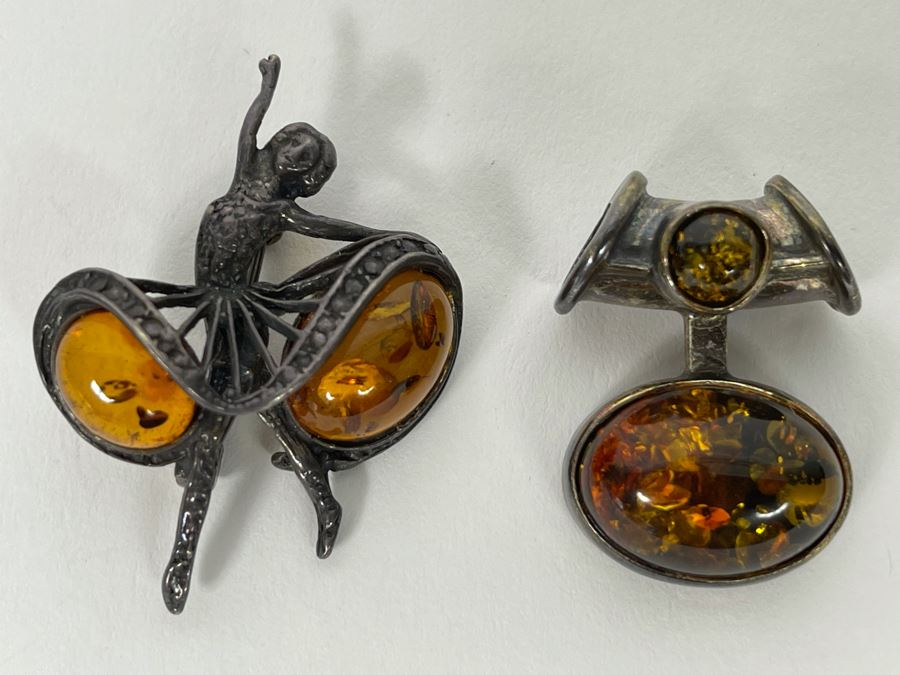 Sterling Silver Amber Brooch Pin (Left) And Modernist Pendant (Right) 14g [Photo 4]