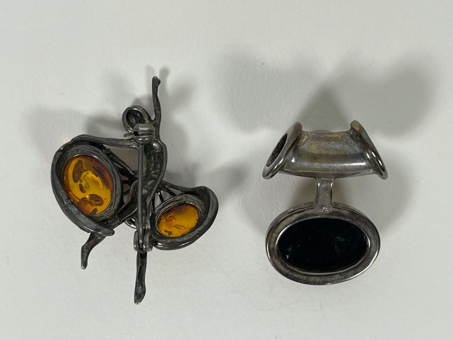 Sterling Silver Amber Brooch Pin (Left) And Modernist Pendant (Right) 14g [Photo 6]