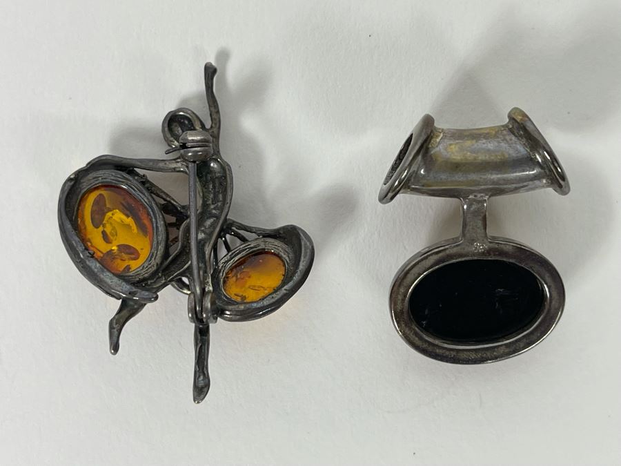 Sterling Silver Amber Brooch Pin (Left) And Modernist Pendant (Right) 14g [Photo 5]