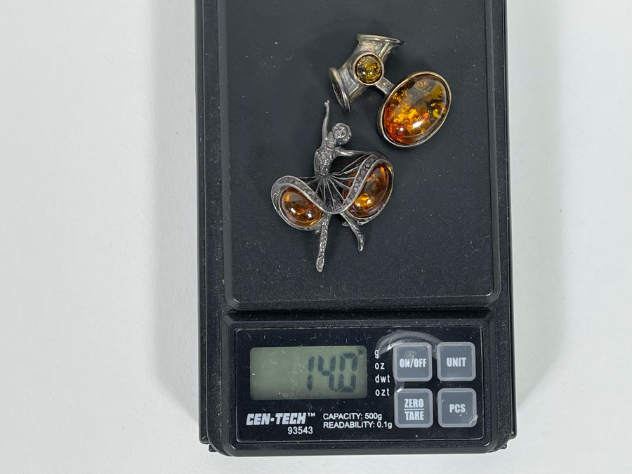 Sterling Silver Amber Brooch Pin (Left) And Modernist Pendant (Right) 14g [Photo 7]