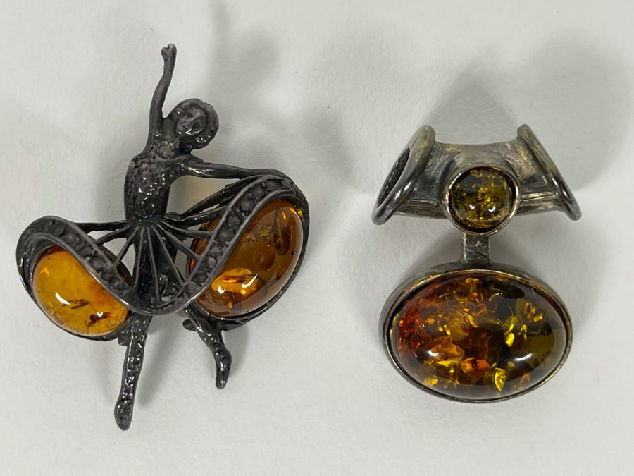 Sterling Silver Amber Brooch Pin (Left) And Modernist Pendant (Right) 14g [Photo 2]