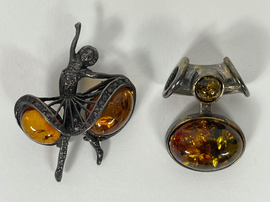 Sterling Silver Amber Brooch Pin (Left) And Modernist Pendant (Right) 14g [Photo 3]