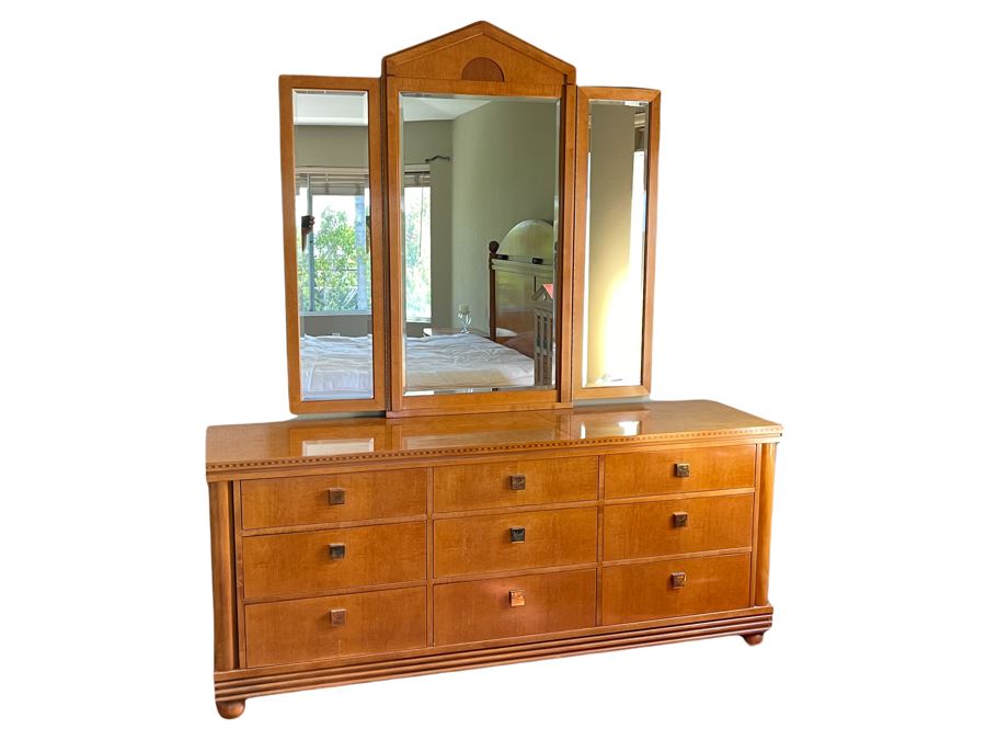 Hickory White Inlaid Chest Of Drawers Dresser With Mirror 74W X 19D X 32H [Photo 1]