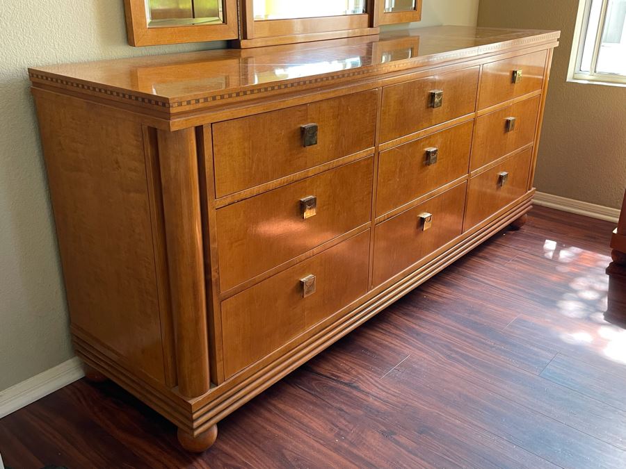 Hickory White Inlaid Chest Of Drawers Dresser With Mirror 74W X 19D X 32H [Photo 6]