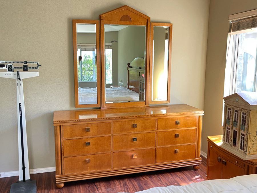 Hickory White Inlaid Chest Of Drawers Dresser With Mirror 74W X 19D X 32H [Photo 2]