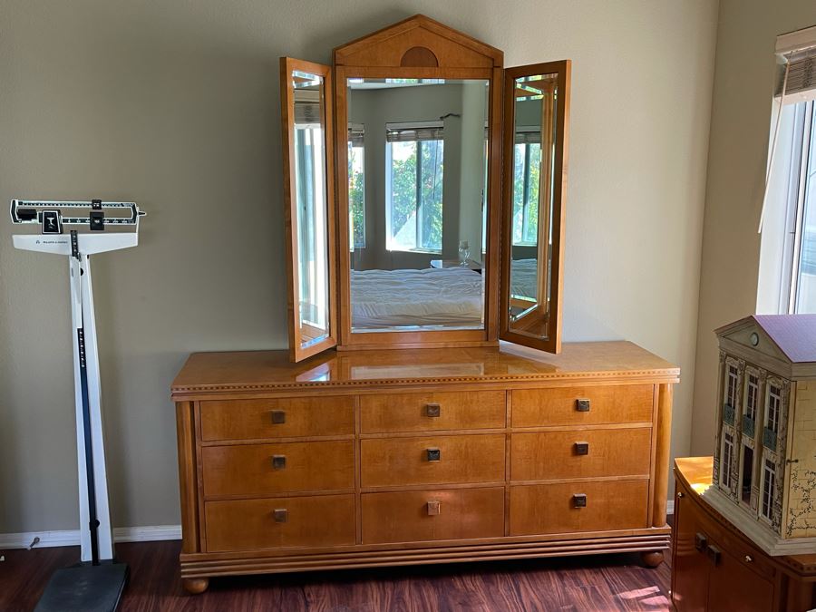 Hickory White Inlaid Chest Of Drawers Dresser With Mirror 74W X 19D X 32H