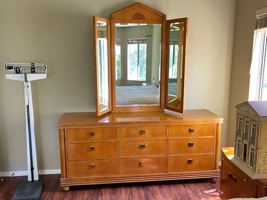 Hickory White Inlaid Chest Of Drawers Dresser With Mirror 74W X 19D X 32H [Photo 14]