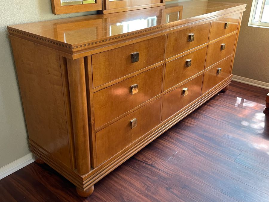 Hickory White Inlaid Chest Of Drawers Dresser With Mirror 74W X 19D X 32H [Photo 5]