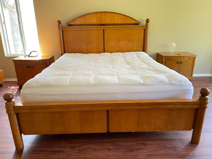 Hickory White Cal King Bed (No Mattress) And Pair Of Hickory White Inlaid Nightstands 28.5W X 18D X 24H [Photo 3]