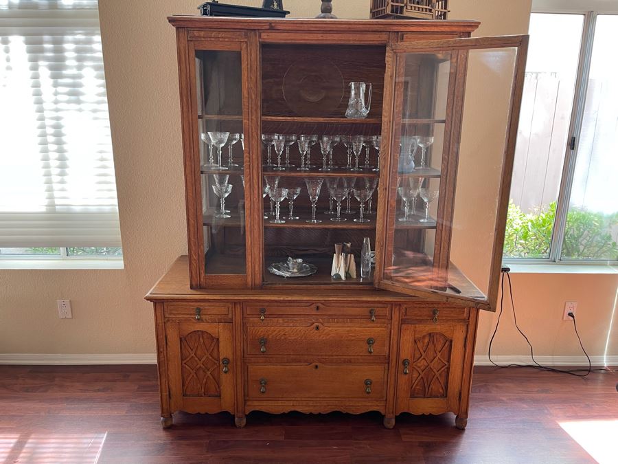 Vintage Tiger Oak Buffet With Hutch China Cabinet 60W X 23D X 72H [Photo 7]