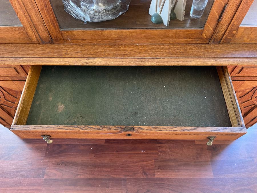 Vintage Tiger Oak Buffet With Hutch China Cabinet 60W X 23D X 72H [Photo 9]