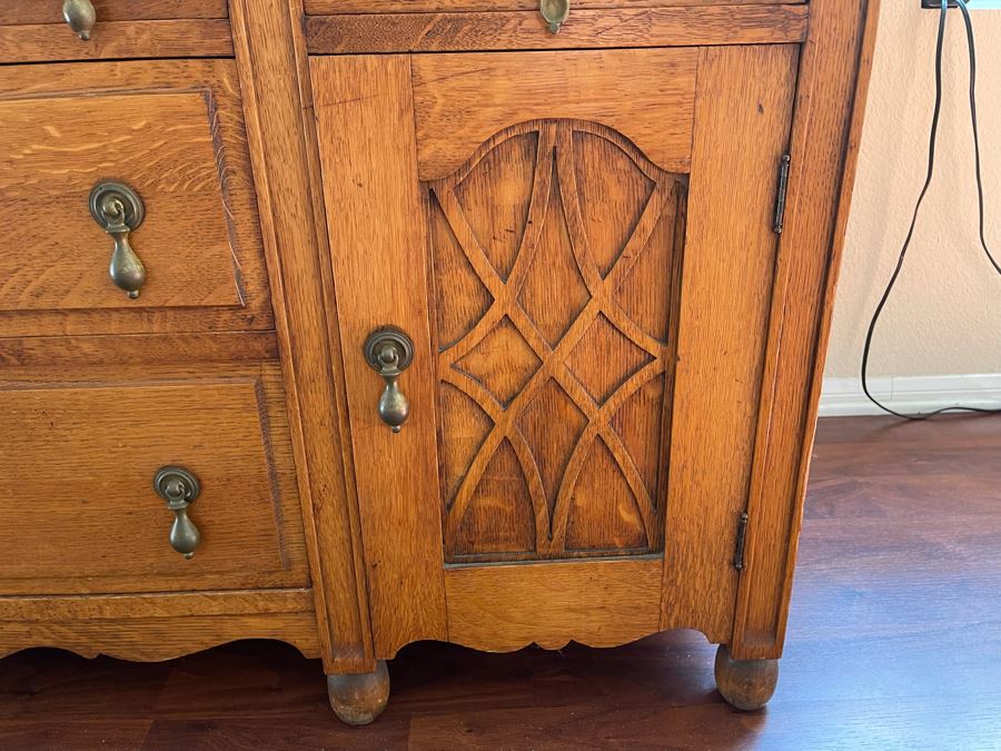 Vintage Tiger Oak Buffet With Hutch China Cabinet 60W X 23D X 72H [Photo 10]