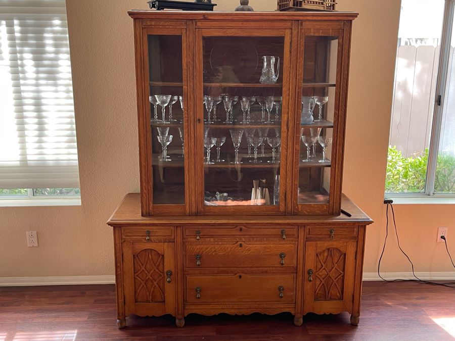 Vintage Tiger Oak Buffet With Hutch China Cabinet 60W X 23D X 72H [Photo 2]