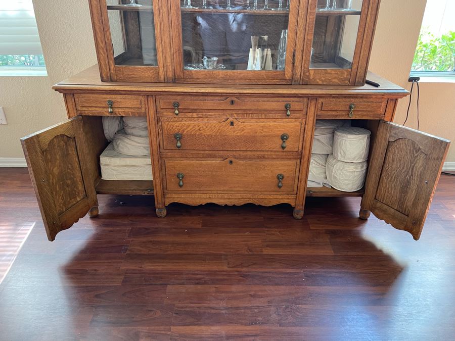Vintage Tiger Oak Buffet With Hutch China Cabinet 60W X 23D X 72H [Photo 12]