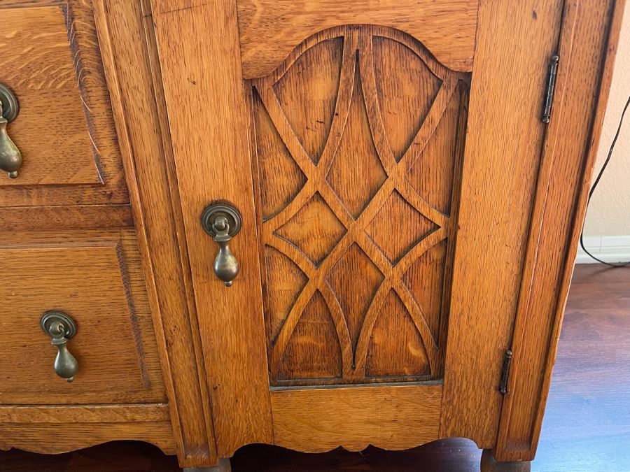 Vintage Tiger Oak Buffet With Hutch China Cabinet 60W X 23D X 72H [Photo 11]
