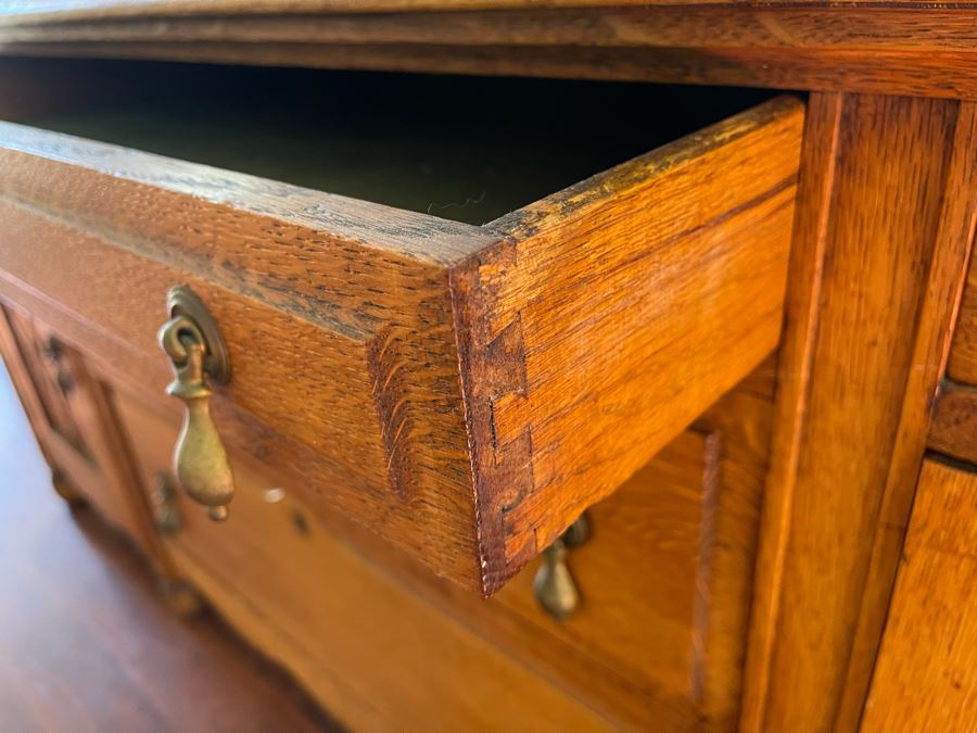 Vintage Tiger Oak Buffet With Hutch China Cabinet 60W X 23D X 72H [Photo 8]