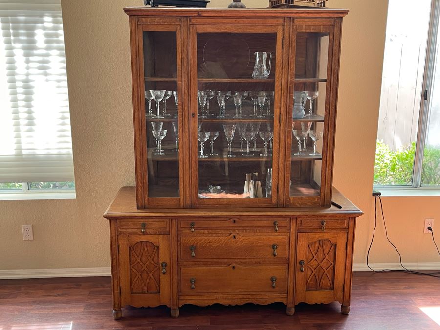Vintage Tiger Oak Buffet With Hutch China Cabinet 60W X 23D X 72H [Photo 5]