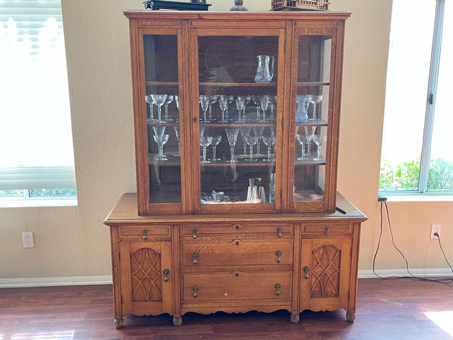 Vintage Tiger Oak Buffet With Hutch China Cabinet 60W X 23D X 72H [Photo 4]