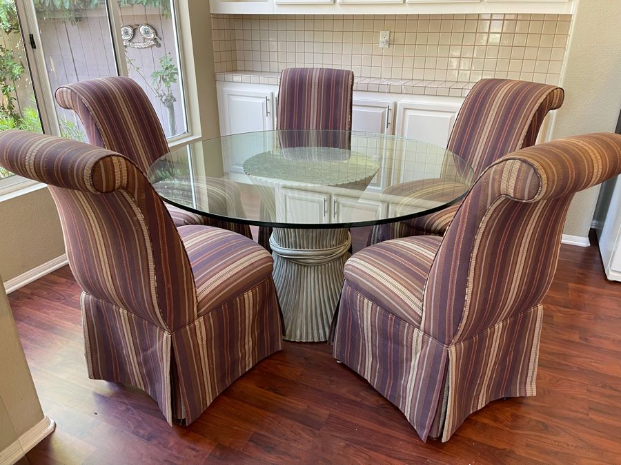 Vintage McGuire Rattan Bamboo Wheat Sheaf Pedetal Table With Glass Top (Slight Chip In Glass - See Photos) And Five Slipper Chairs [Photo 2]