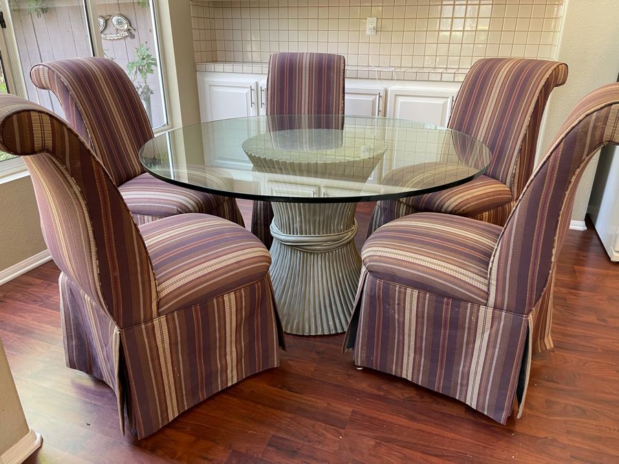 Vintage McGuire Rattan Bamboo Wheat Sheaf Pedetal Table With Glass Top (Slight Chip In Glass - See Photos) And Five Slipper Chairs [Photo 8]