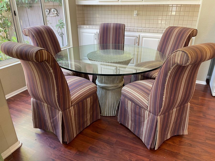 Vintage McGuire Rattan Bamboo Wheat Sheaf Pedetal Table With Glass Top (Slight Chip In Glass - See Photos) And Five Slipper Chairs [Photo 3]