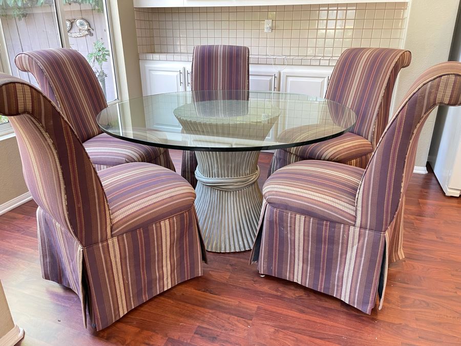 Vintage McGuire Rattan Bamboo Wheat Sheaf Pedetal Table With Glass Top (Slight Chip In Glass - See Photos) And Five Slipper Chairs [Photo 9]