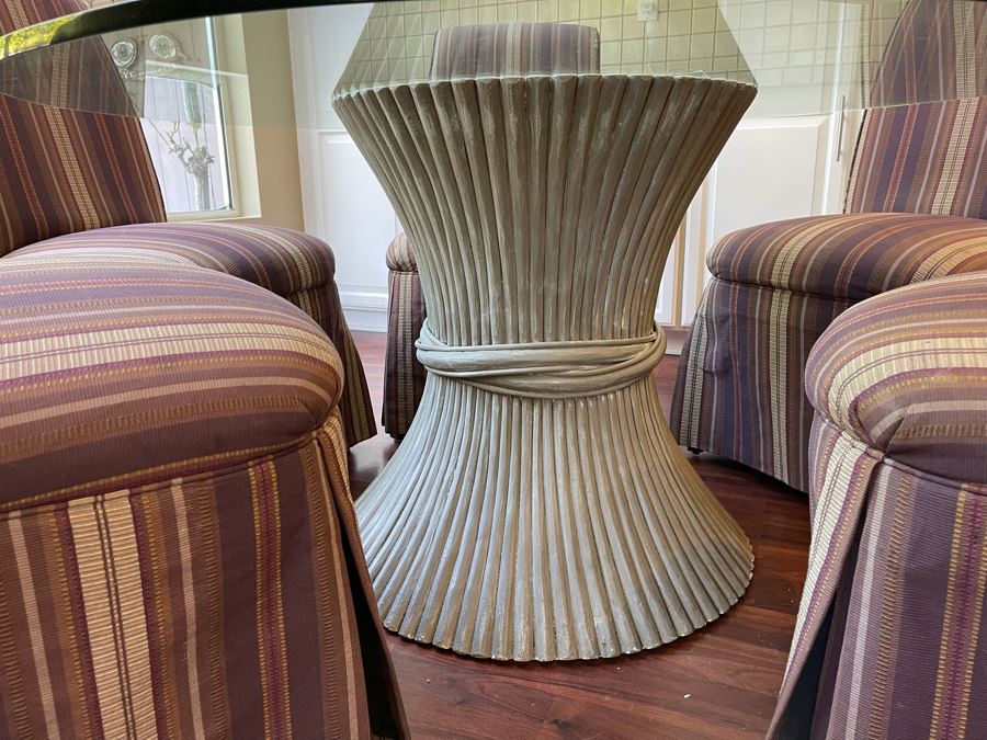Vintage McGuire Rattan Bamboo Wheat Sheaf Pedetal Table With Glass Top (Slight Chip In Glass - See Photos) And Five Slipper Chairs [Photo 5]