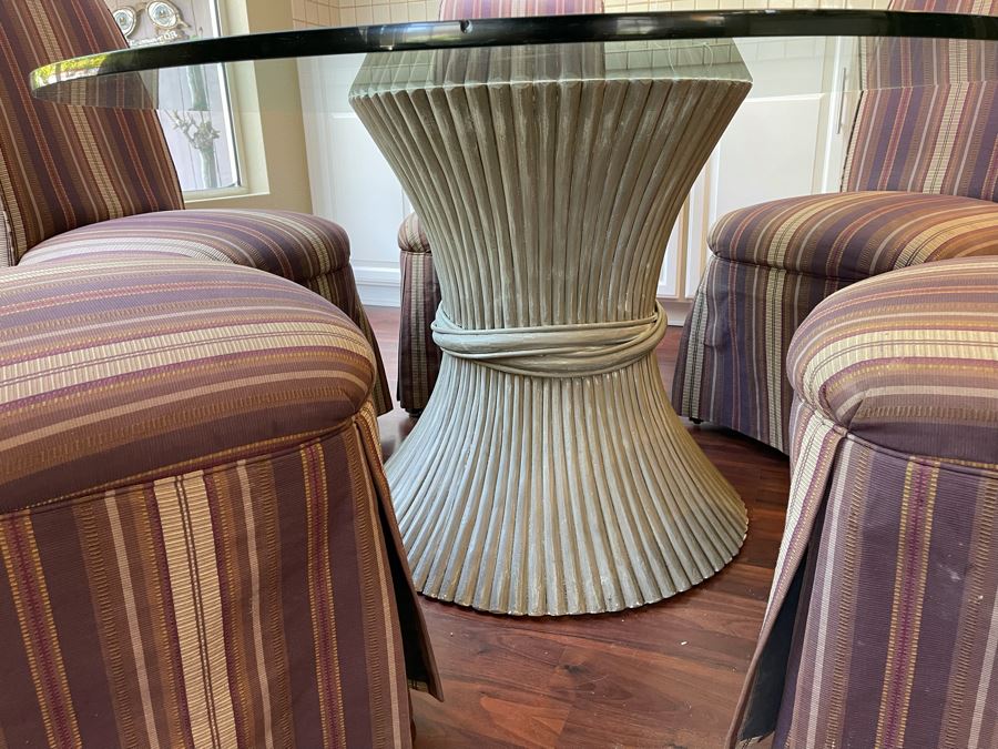 Vintage McGuire Rattan Bamboo Wheat Sheaf Pedetal Table With Glass Top (Slight Chip In Glass - See Photos) And Five Slipper Chairs [Photo 4]