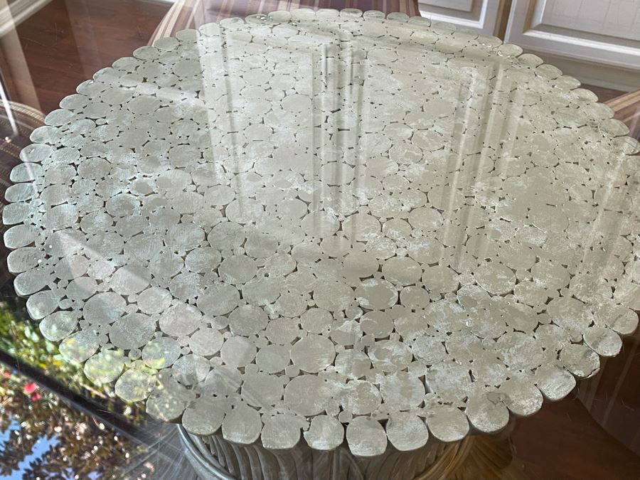 Vintage McGuire Rattan Bamboo Wheat Sheaf Pedetal Table With Glass Top (Slight Chip In Glass - See Photos) And Five Slipper Chairs [Photo 6]