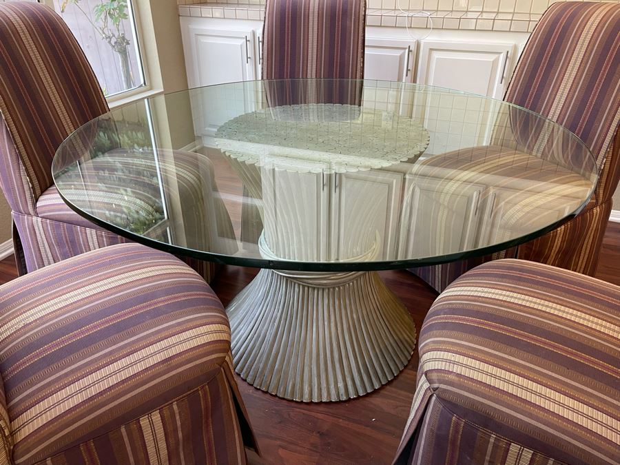 Vintage McGuire Rattan Bamboo Wheat Sheaf Pedetal Table With Glass Top (Slight Chip In Glass - See Photos) And Five Slipper Chairs [Photo 7]