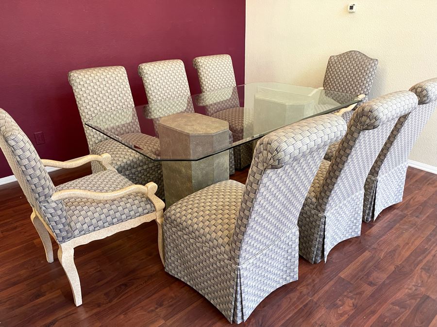 Ethan Allen Dual Pedestal Dining Table With 76 X 44 Glass Top With Pair Of Robert Marion Armchairs And Six Jessica Charles Slipper Chairs [Photo 2]