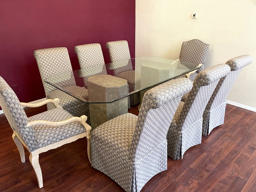 Ethan Allen Dual Pedestal Dining Table With 76 X 44 Glass Top With Pair Of Robert Marion Armchairs And Six Jessica Charles Slipper Chairs [Photo 5]