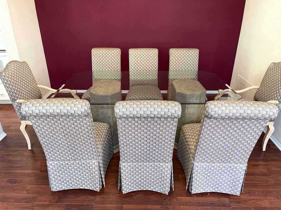 Ethan Allen Dual Pedestal Dining Table With 76 X 44 Glass Top With Pair Of Robert Marion Armchairs And Six Jessica Charles Slipper Chairs [Photo 3]