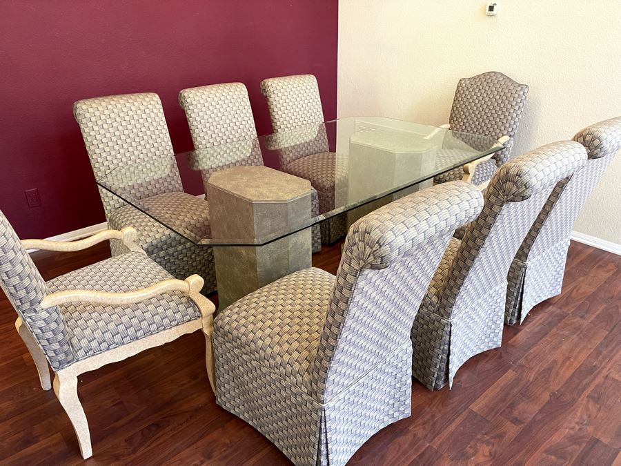 Ethan Allen Dual Pedestal Dining Table With 76 X 44 Glass Top With Pair Of Robert Marion Armchairs And Six Jessica Charles Slipper Chairs [Photo 1]