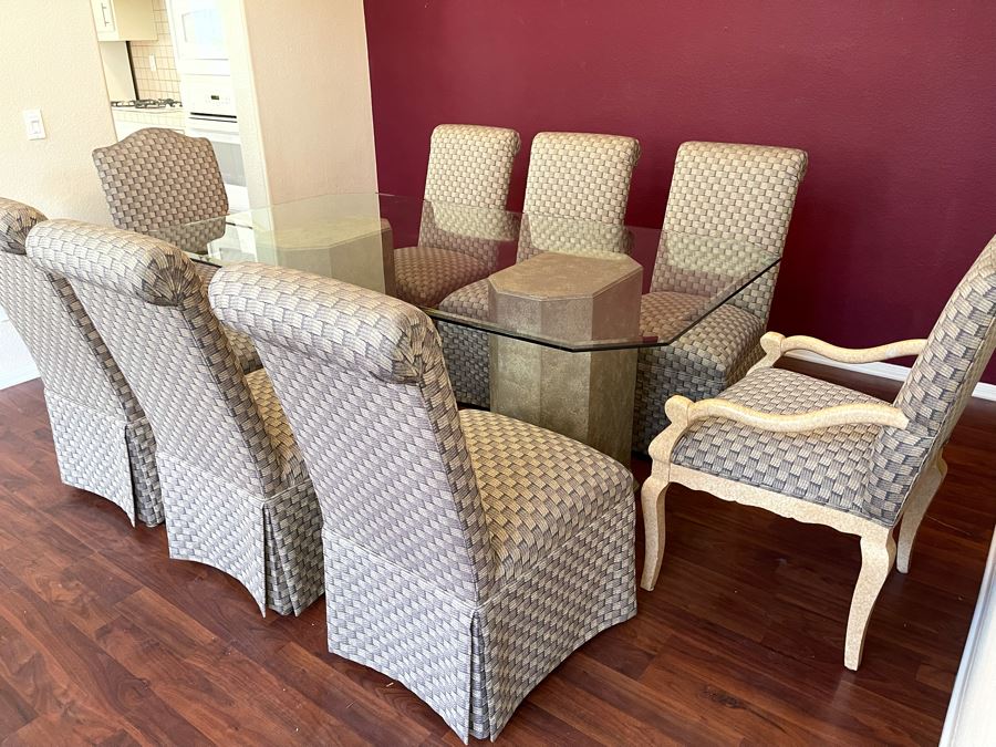 Ethan Allen Dual Pedestal Dining Table With 76 X 44 Glass Top With Pair Of Robert Marion Armchairs And Six Jessica Charles Slipper Chairs [Photo 6]