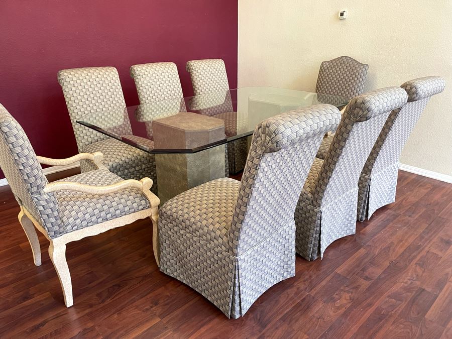 Ethan Allen Dual Pedestal Dining Table With 76 X 44 Glass Top With Pair Of Robert Marion Armchairs And Six Jessica Charles Slipper Chairs [Photo 4]