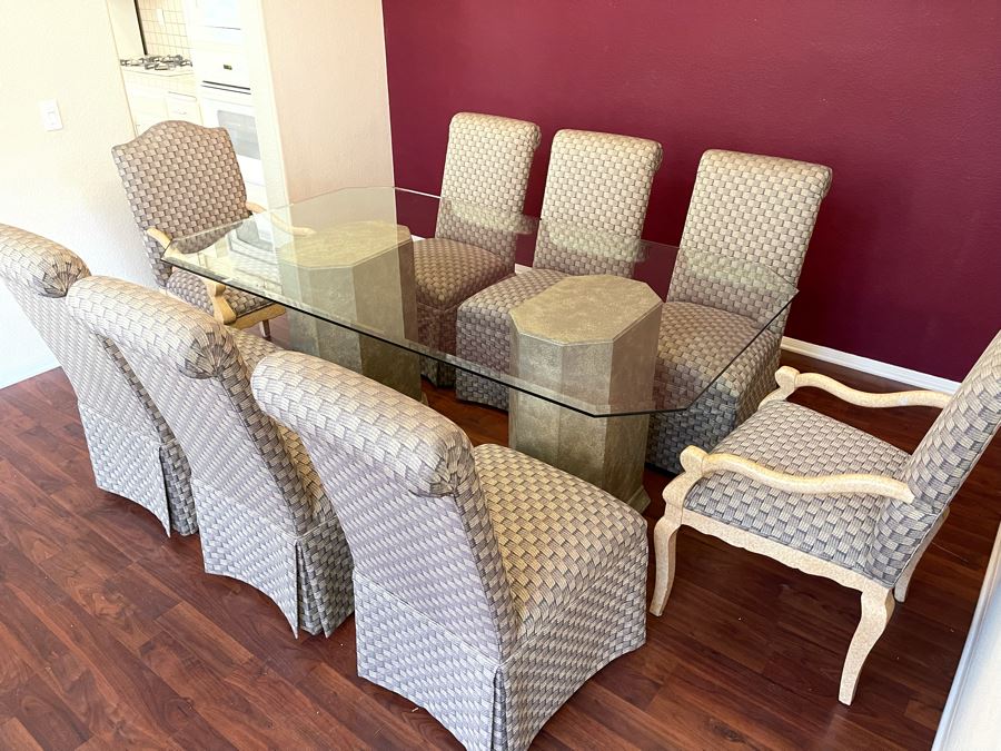 Ethan Allen Dual Pedestal Dining Table With 76 X 44 Glass Top With Pair Of Robert Marion Armchairs And Six Jessica Charles Slipper Chairs [Photo 7]