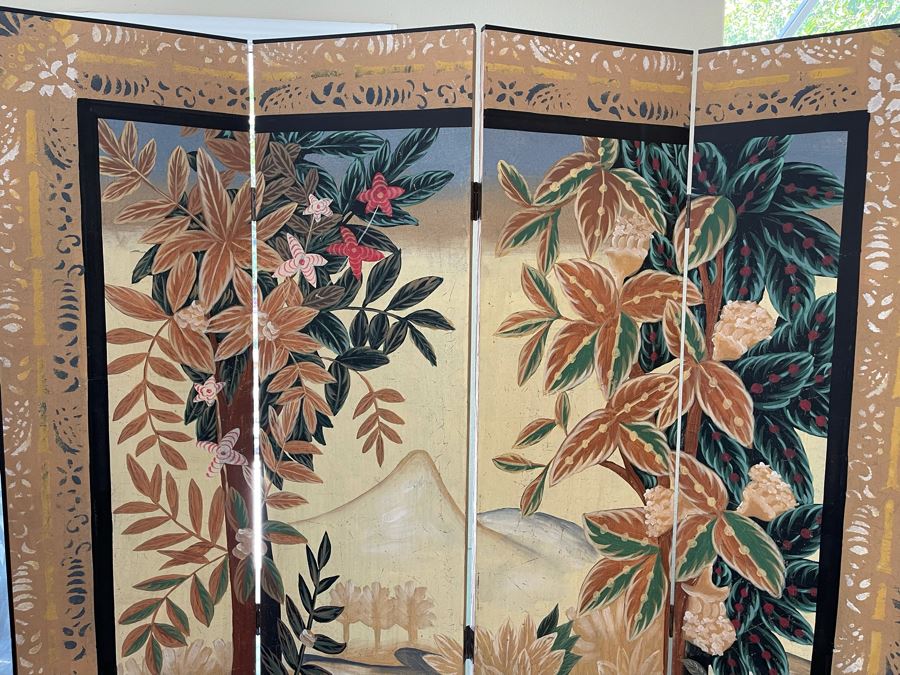 Four-Panel Hand Painted Asian Room Divider Screen 62W X 84H [Photo 5]