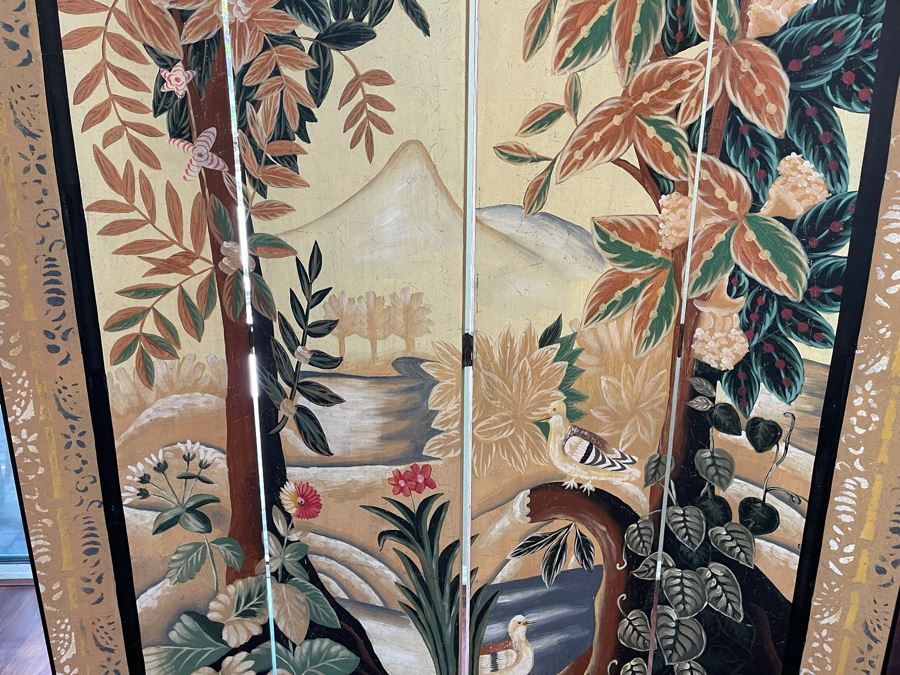 Four-Panel Hand Painted Asian Room Divider Screen 62W X 84H [Photo 4]