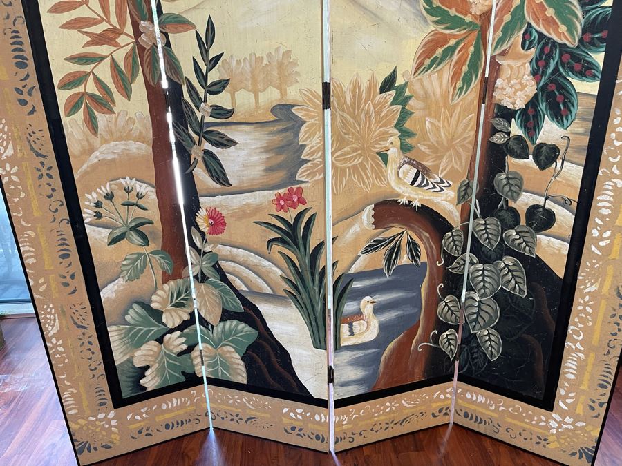 Four-Panel Hand Painted Asian Room Divider Screen 62W X 84H [Photo 3]