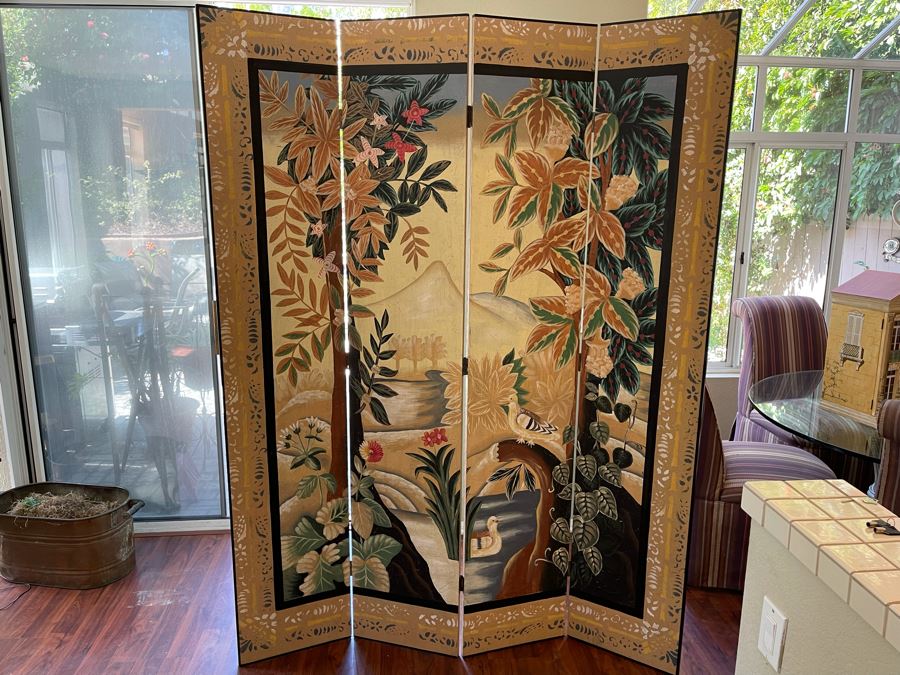 Four-Panel Hand Painted Asian Room Divider Screen 62W X 84H [Photo 2]
