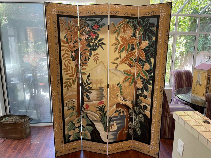 Four-Panel Hand Painted Asian Room Divider Screen 62W X 84H