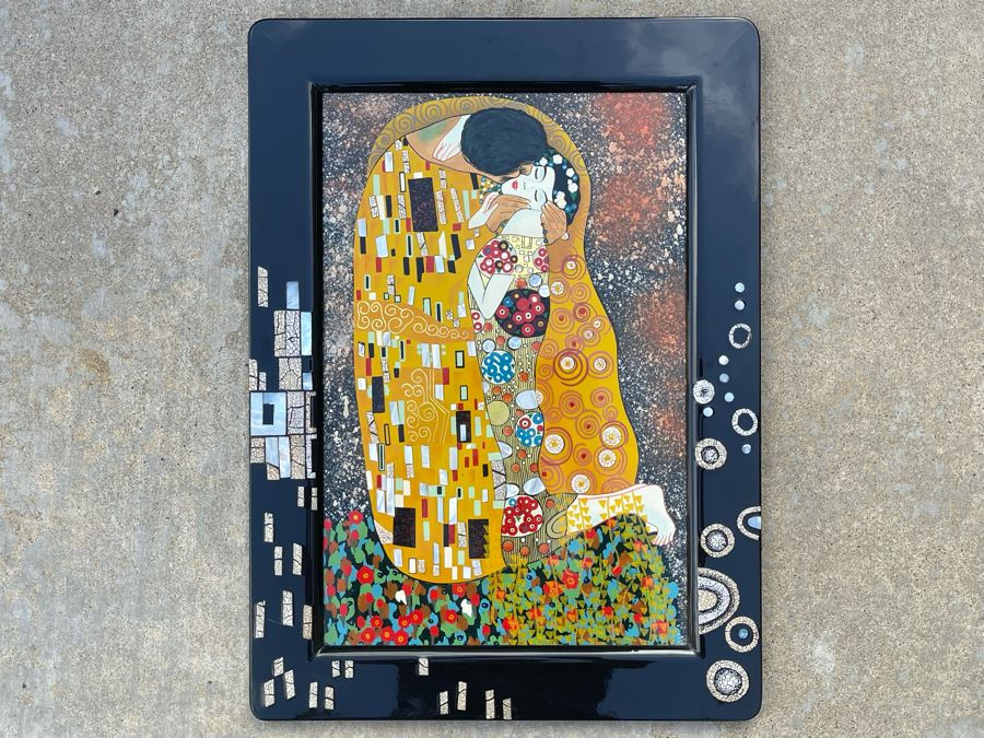 Gustav Klimt The Kiss Artwork With Mother Of Pearl Inlay (Black Frame Showing Reflection) 15.75 X 21.5 [Photo 9]
