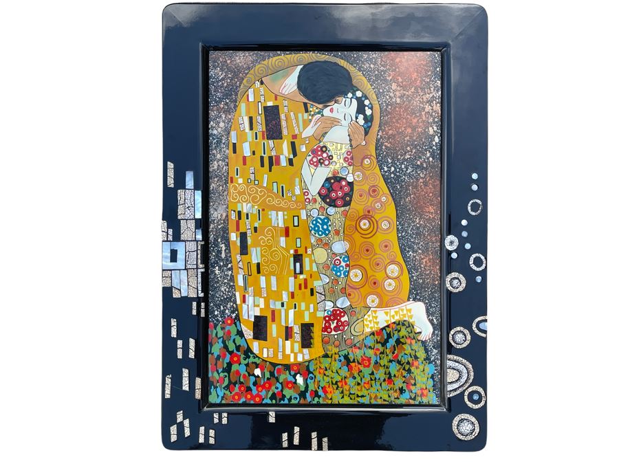 Gustav Klimt The Kiss Artwork With Mother Of Pearl Inlay (Black Frame Showing Reflection) 15.75 X 21.5 [Photo 1]