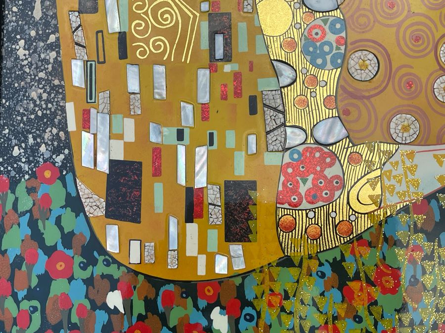 Gustav Klimt The Kiss Artwork With Mother Of Pearl Inlay (Black Frame Showing Reflection) 15.75 X 21.5 [Photo 15]