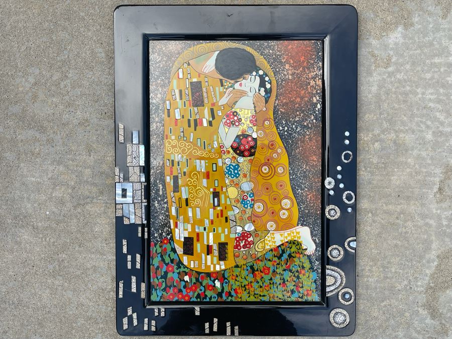Gustav Klimt The Kiss Artwork With Mother Of Pearl Inlay (Black Frame Showing Reflection) 15.75 X 21.5 [Photo 6]