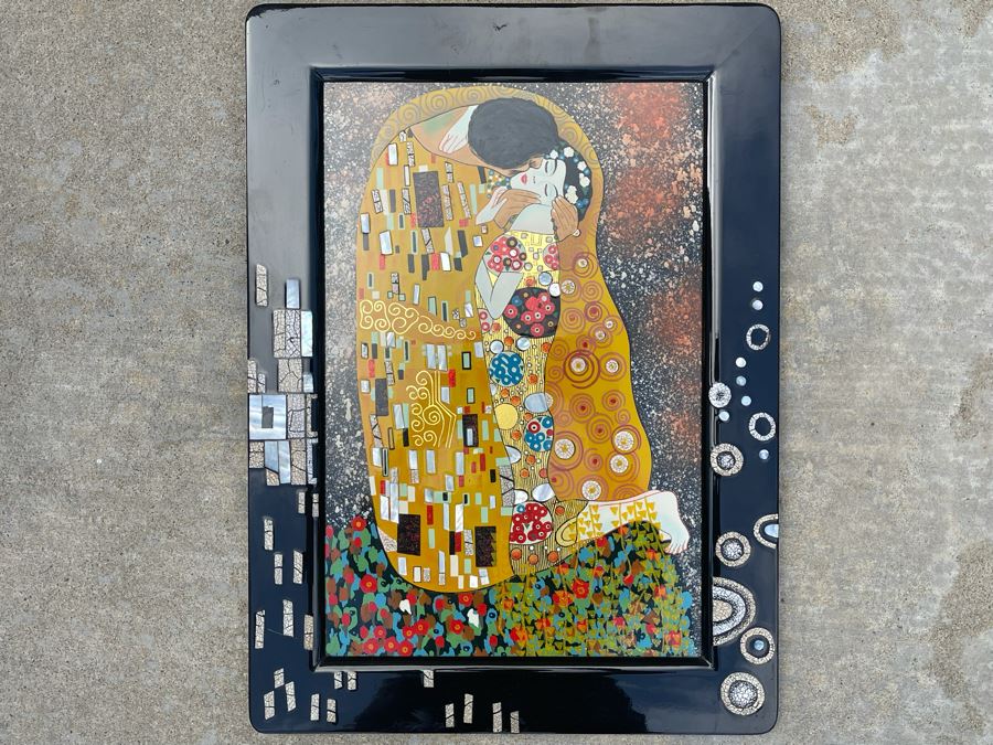 Gustav Klimt The Kiss Artwork With Mother Of Pearl Inlay (Black Frame Showing Reflection) 15.75 X 21.5 [Photo 7]