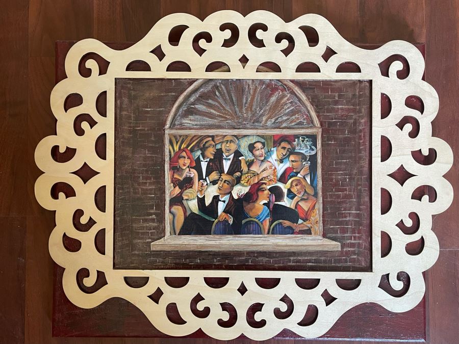 Mixed Media Artwork With Intricatley Cut Wooden Ornamental Frame 22.5 X 17.5