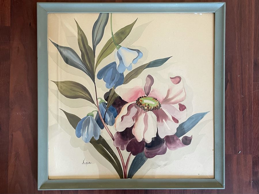Signed Vintage Original Floral Watercolor Painting Framed 19.5 X 19.5 [Photo 2]